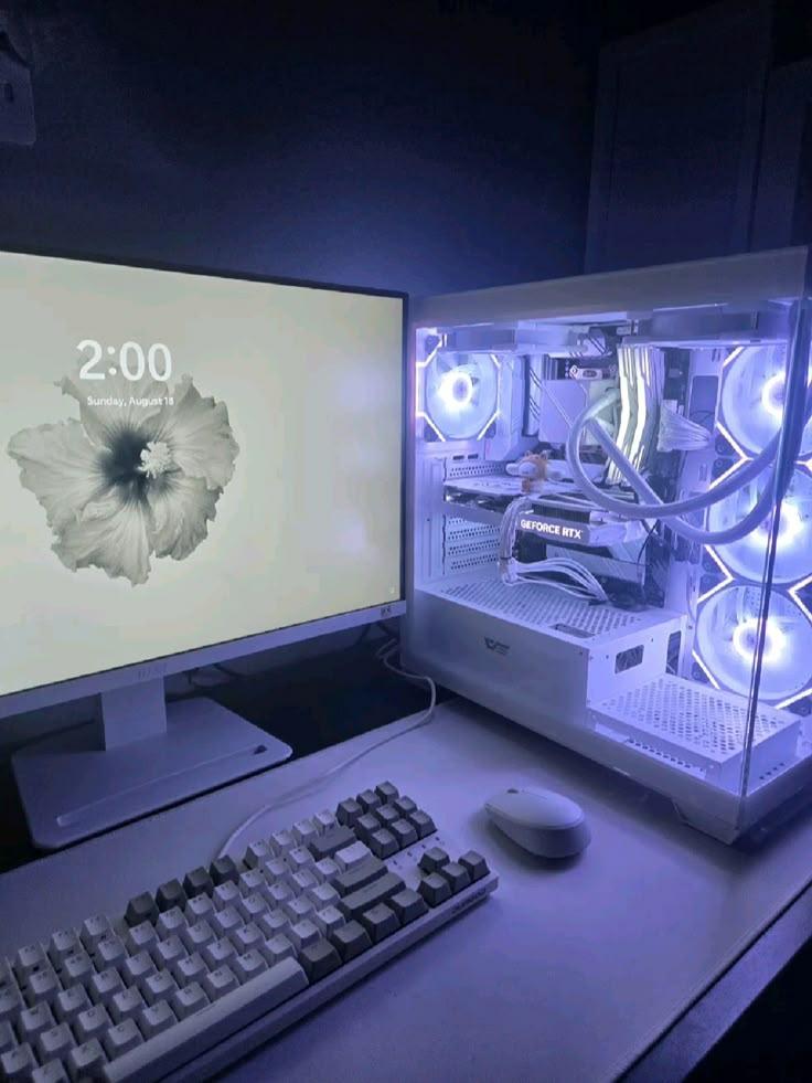 Custom white ROG Strix desktop PC tower with tempered-glass side panel